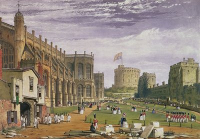 Unterer Hof mit Blick auf die St. Georgs-Kapelle und den Rundturm, Windsor Castle, 1838 von James Baker Pyne